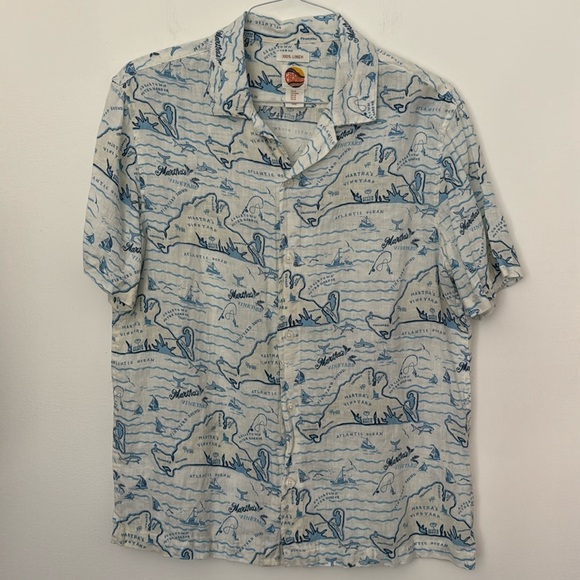 Men’s short sleeve button collar summer linen shirt white Martha Vineyard print - Picture 1 of 5
